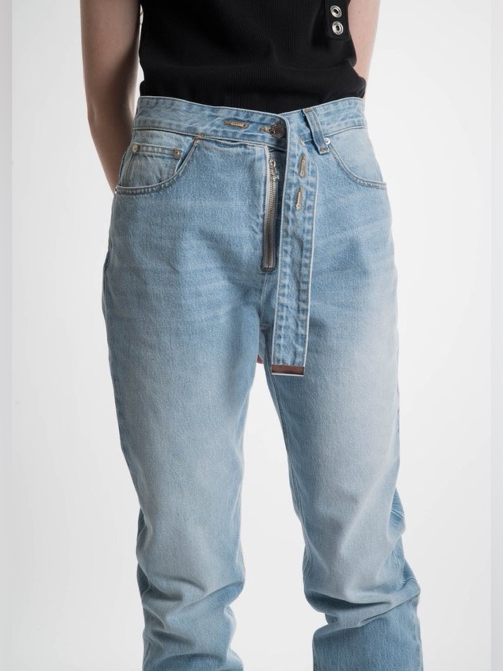 Helmut Lang Belted Light Blue Straight-Leg Jeans with Waist Tie